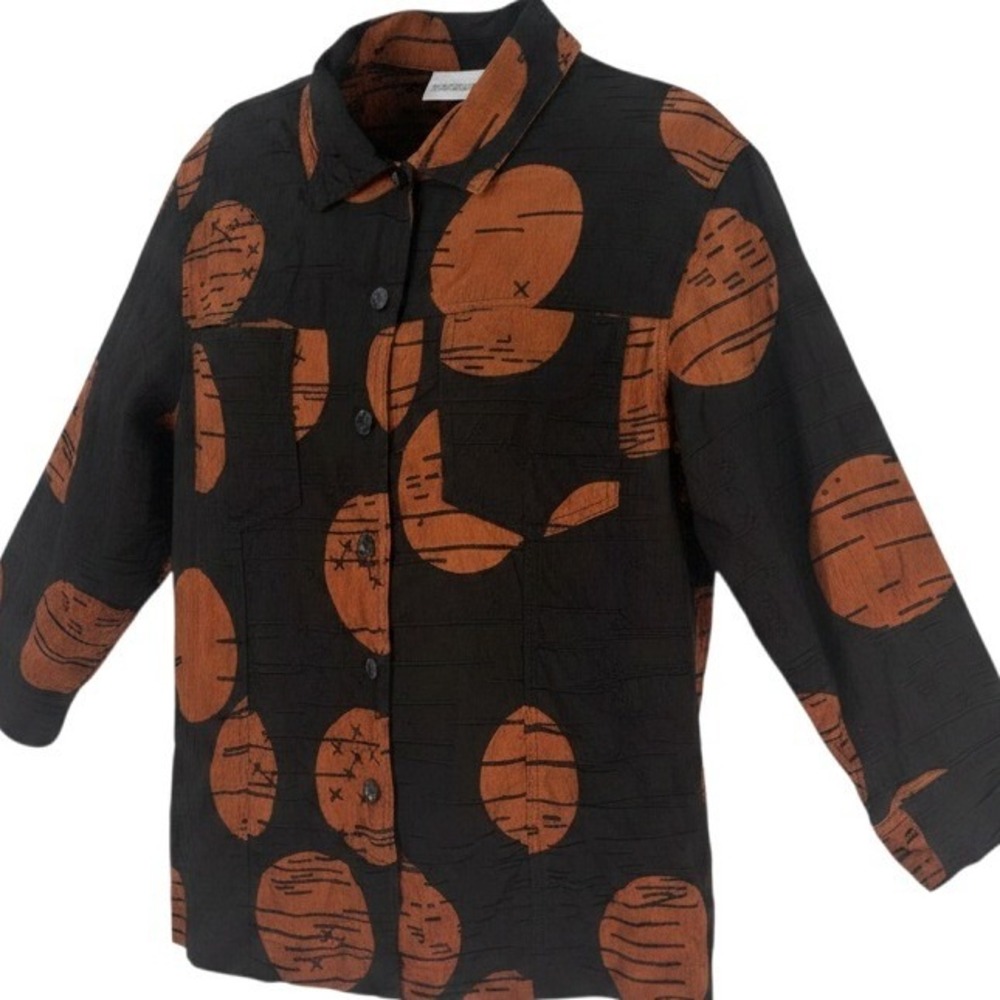 Chico's Button‎ Up Shirt Womens L Black Orange Silk Linen Abstract Circle Art